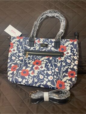 Trina Turk Floral Navy Tote with Red Accents